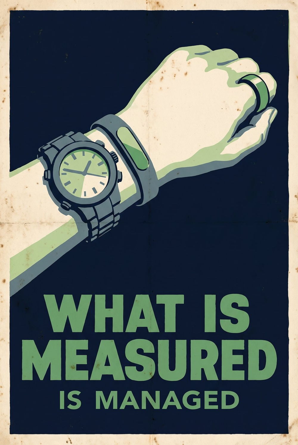 Flat poster of a forearm wearing a watch, a band and a ring at once, lettered what is measured is managed